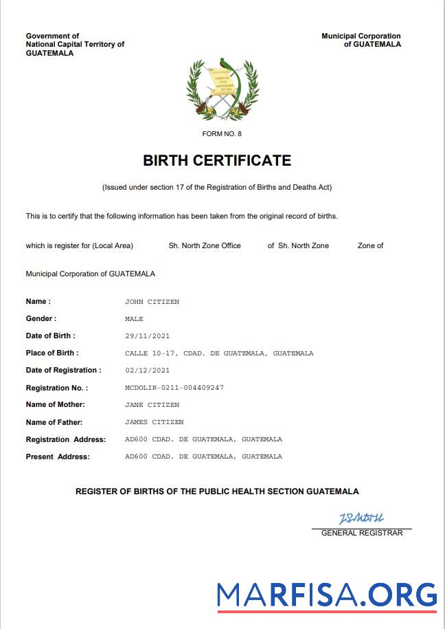 Downloadable Guatemala birth certificate Word and PDF template